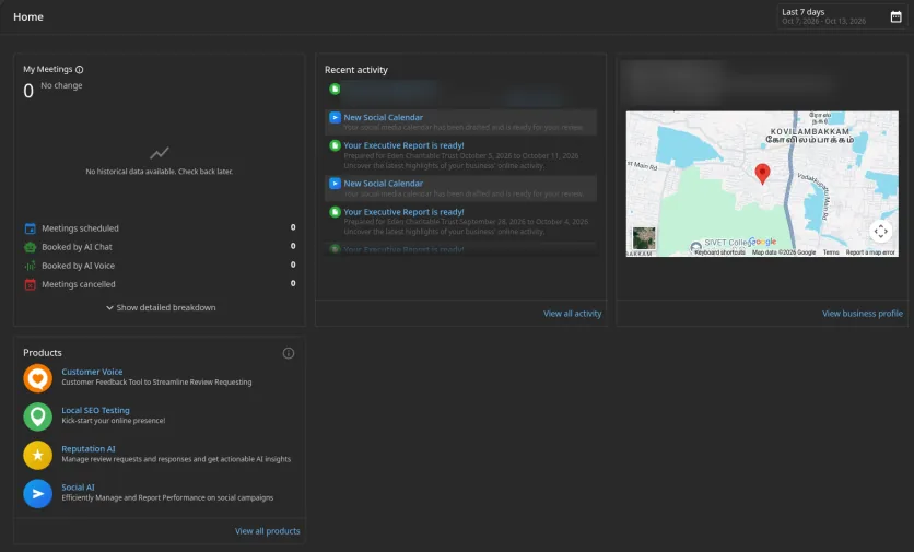 Vandiya Business App home with meetings booked by AI, recent activity, business profile map and products